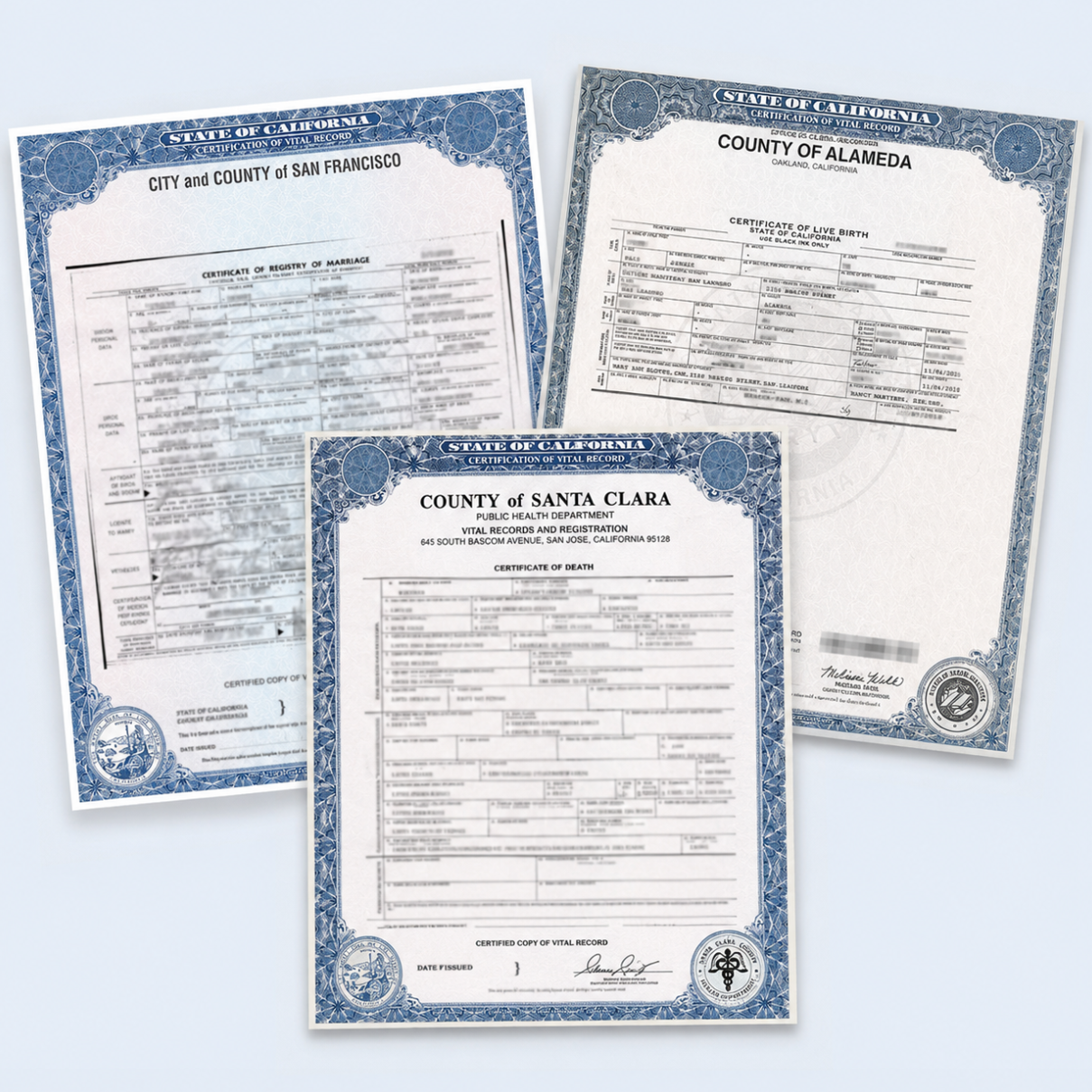 Various typesSamples of vital records from various Bay Area counties, representing a link to the Vital Record Retrieval page