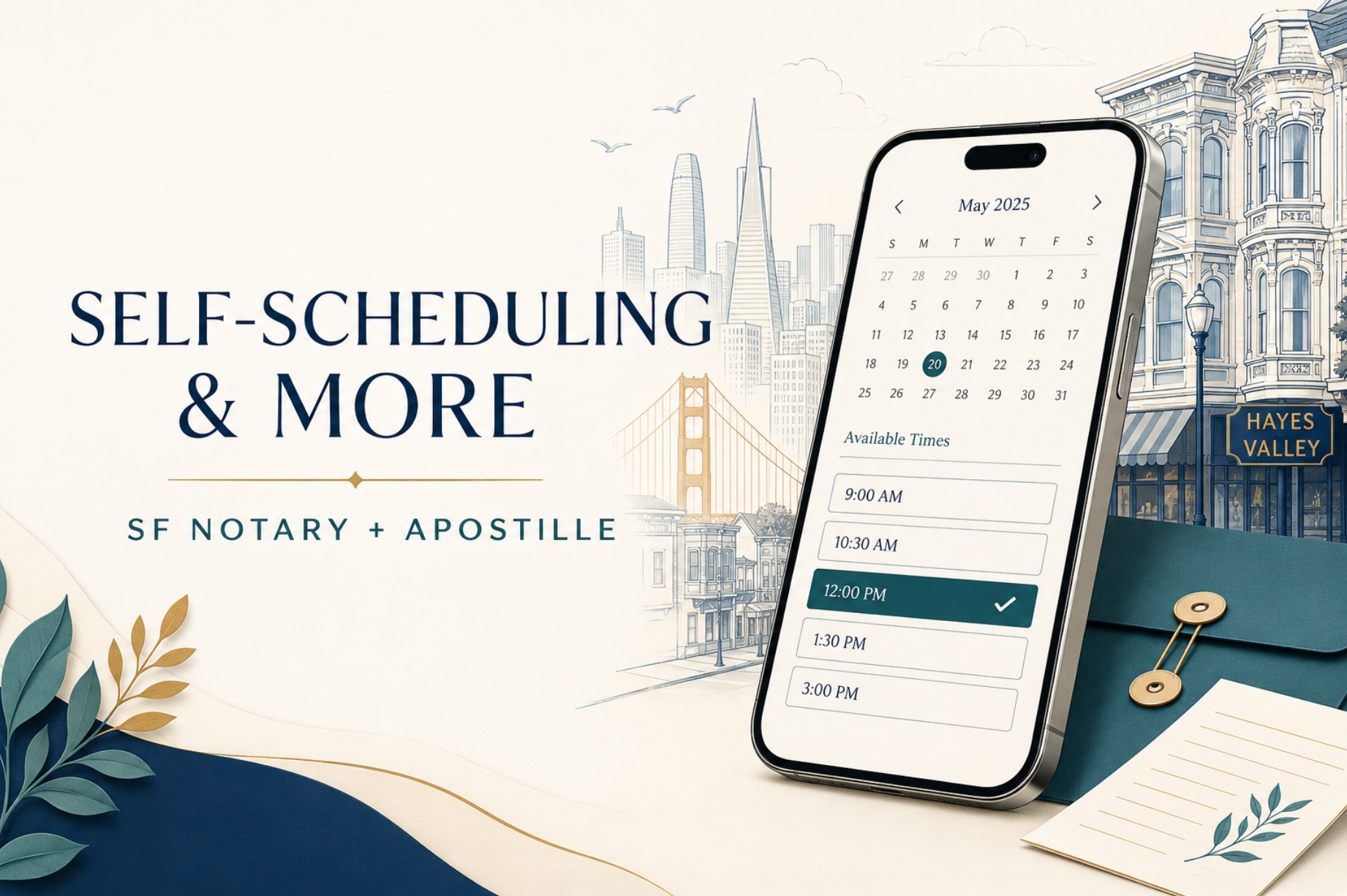 A calendar showing the self-scheduling feature of SF Notary + Apostille's improved website