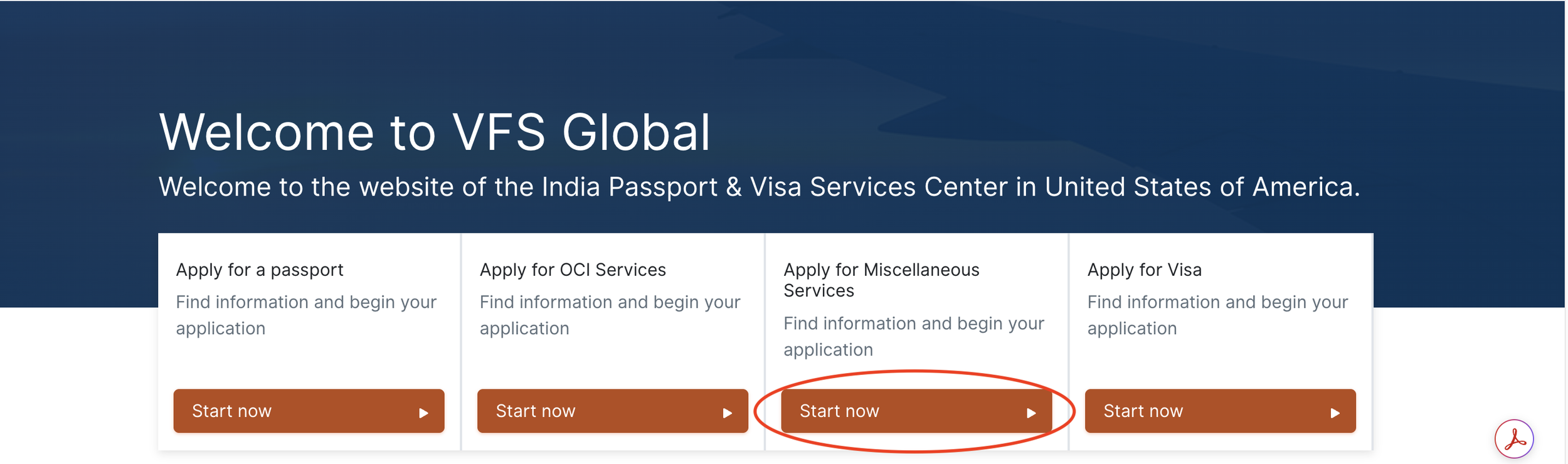 Screenshot of VFS Global's web page for India Passport & Visa Services Center in the United States