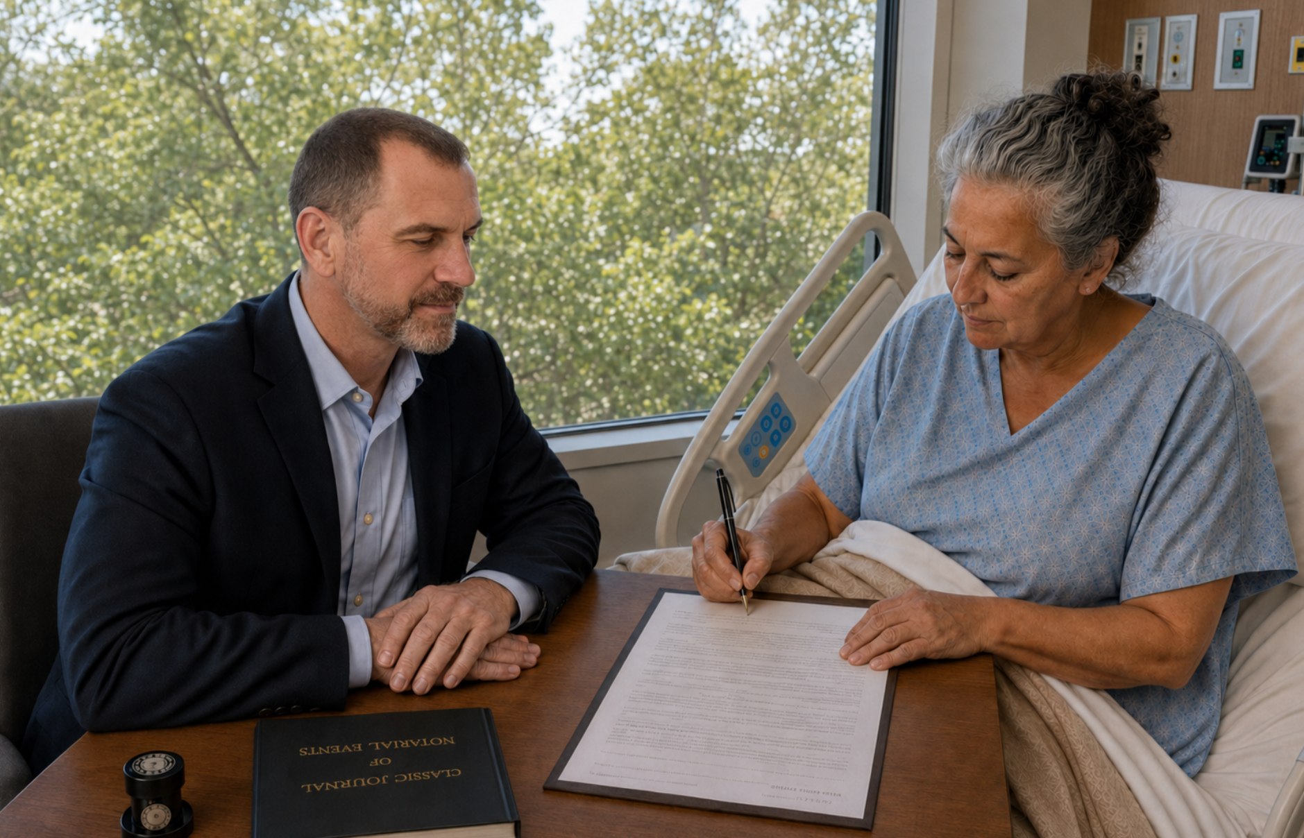 Mobile notary from SF Notary + Apostille performing a hospital signing.