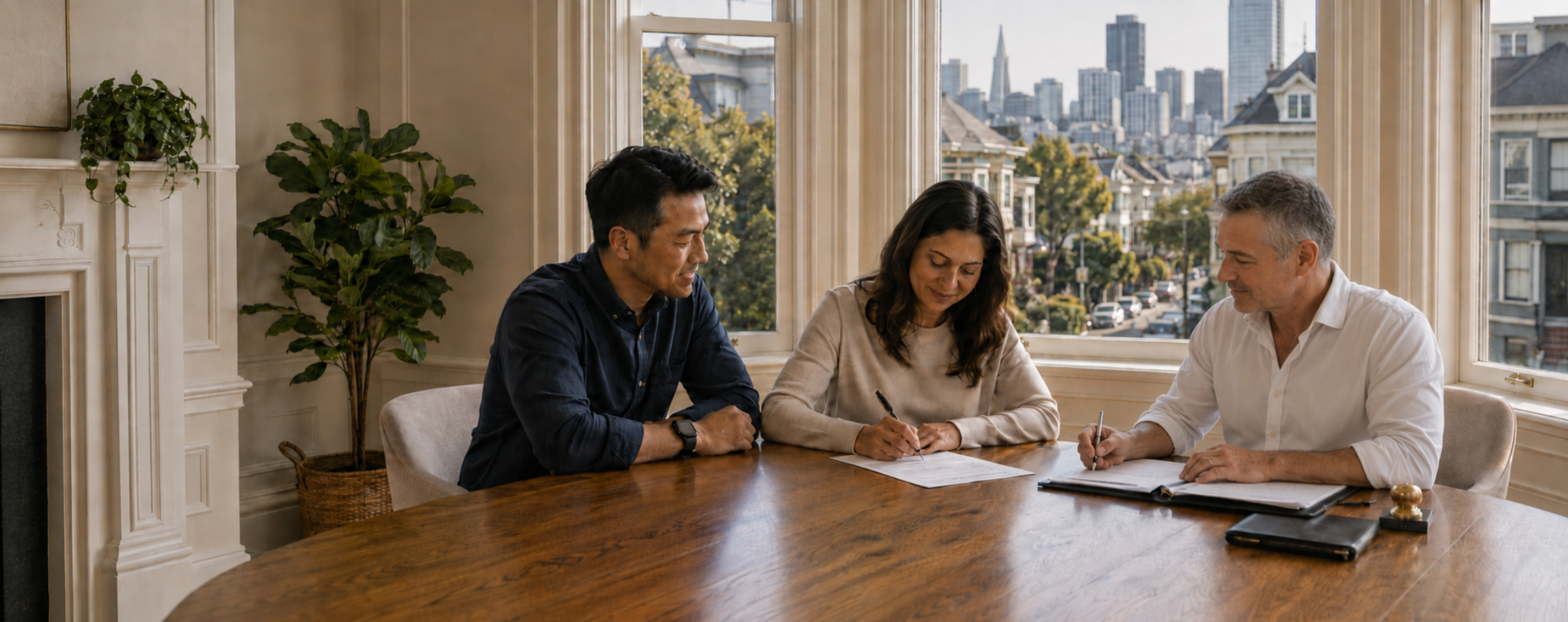 Mobile notary assisting clients with documents at a San Francisco home
