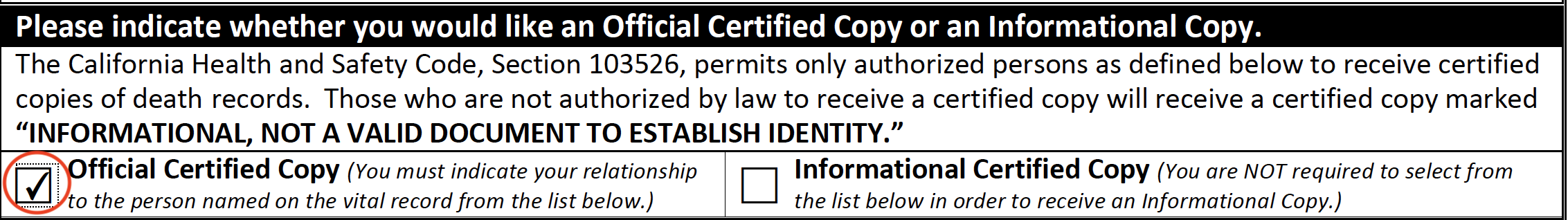 Application for a copy of a San Mateo County death certificate, with "Official Certified Copy" selected