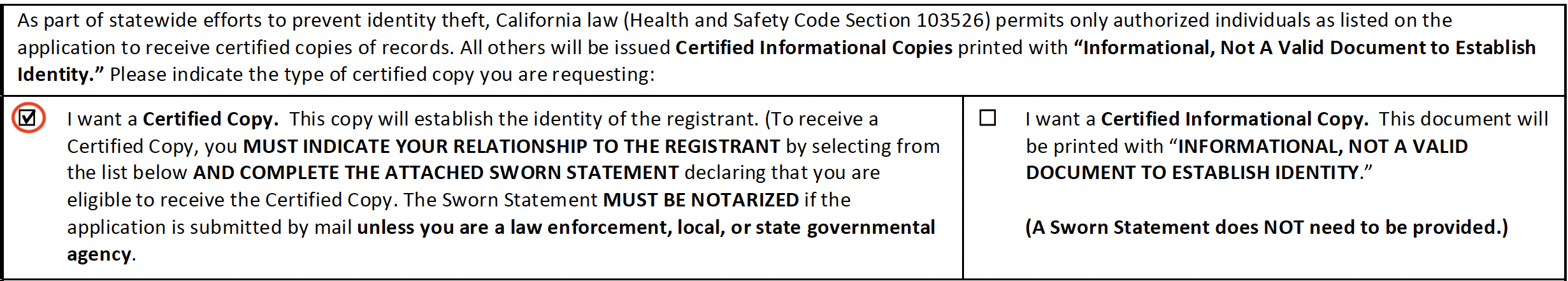 Application for a copy of an SF death certificate, with "I want a Certified Copy" selected