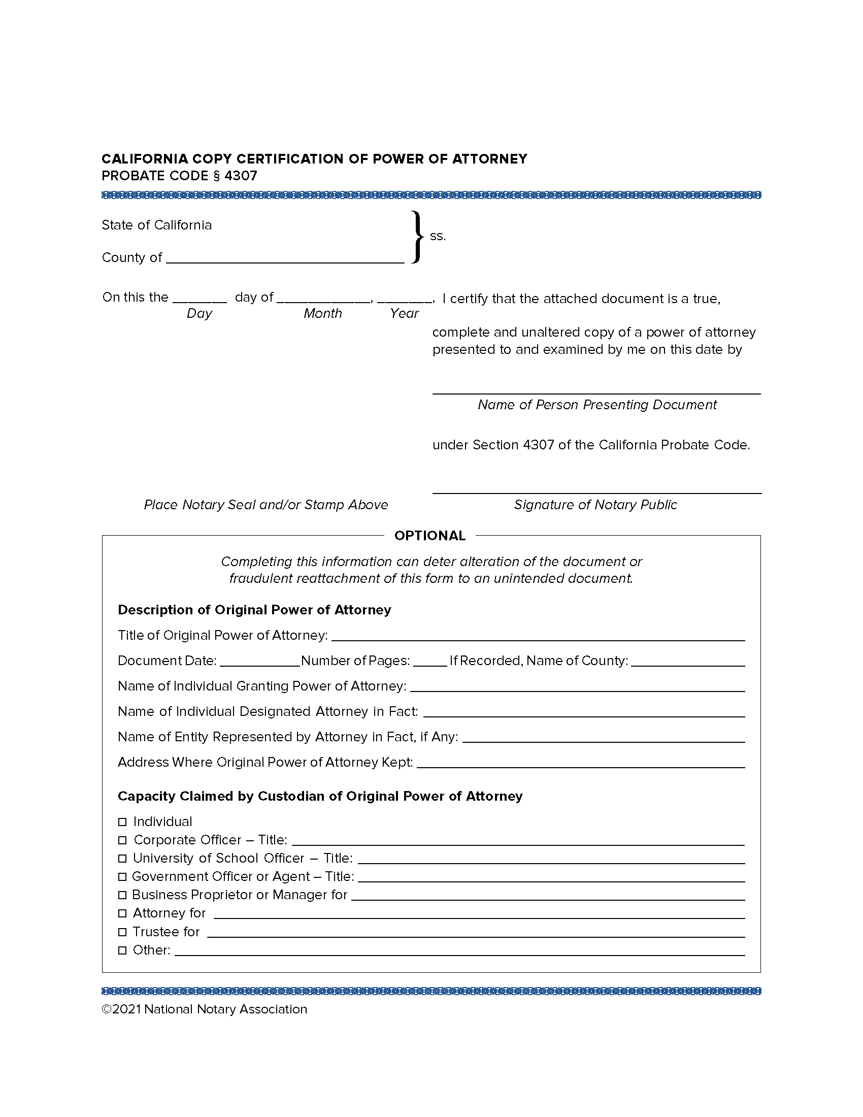 California Copy Certification of Power of Attorney