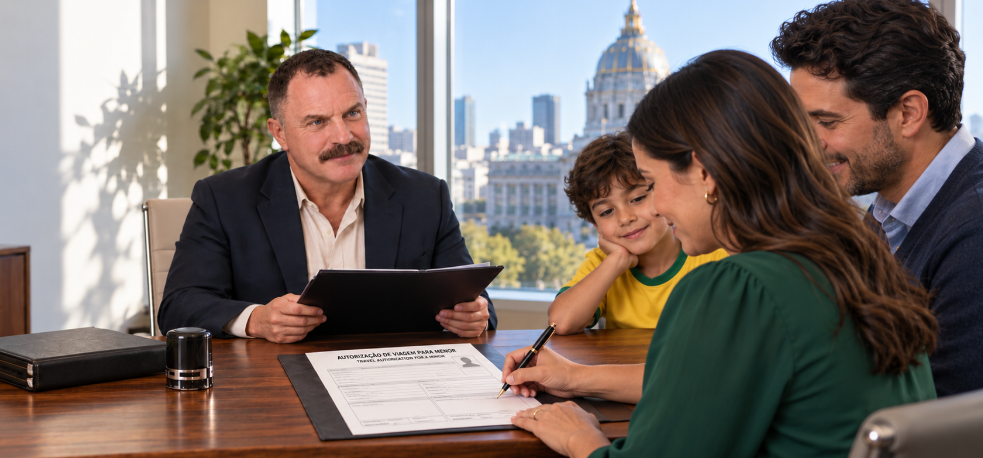 Parent signing a Brazilian minor travel authorization with a mobile notary in San Francisco