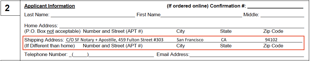 "Applicant Information" section of the Alameda County birth certificate application with SF Notary's address filled in