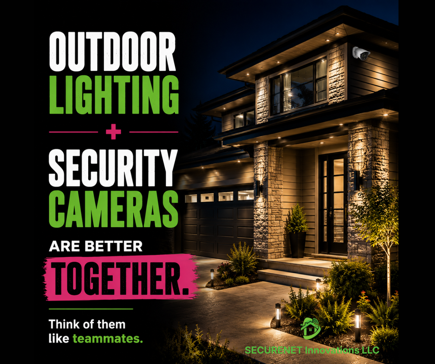 A modern house at night with security cameras and outdoor lighting. Overlaid on the image is text promoting outdoor lighting and security cameras for safety, emphasizing teamwork.