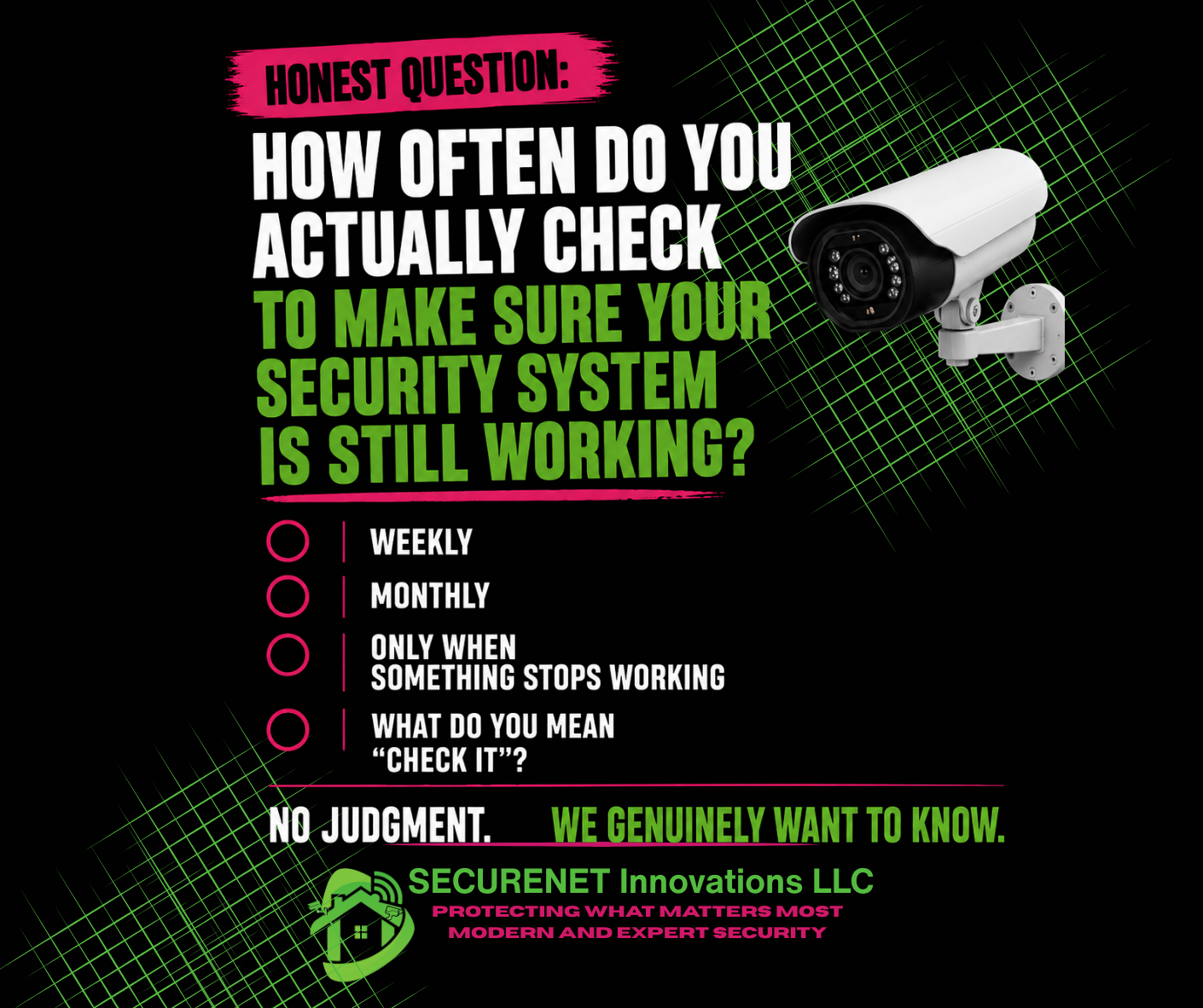 Digital graphic promoting security system checkup. Features a security camera, pink and green text, and options for checking frequency. Company logo and slogan at the bottom.