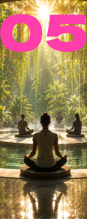 Group of people practicing yoga or meditation in a forest with sunlight filtering through trees, with a large pink number 05 overlaid.