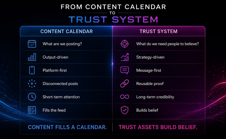 A two-column comparison graphic titled “From Content Calendar to Trust System,” showing how basic content planning focuses on posting and output while a trust system focuses on belief, strategy, reusable proof, and long-term credibility.