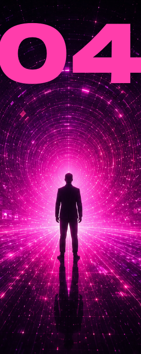 A person standing in front of a digital, glowing pink and purple vortex with the number '04' above.