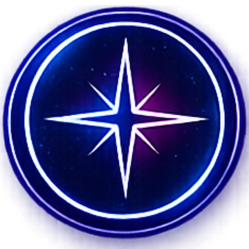 A glowing compass rose design illuminated in blue and purple tones.