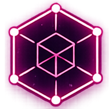 Neon purple cube inside a hexagon with glowing nodes connecting the corners