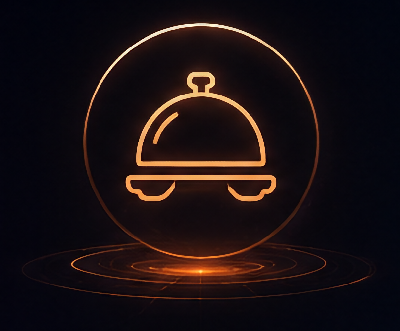 Neon outline of a food cover or cloche inside a glowing circle.