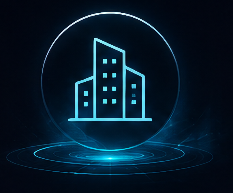 Neon outline of a multi-story building inside a glowing circle, digital style