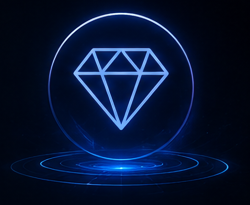 Neon blue outline of a diamond inside a circle against a dark background with digital ripple effects.
