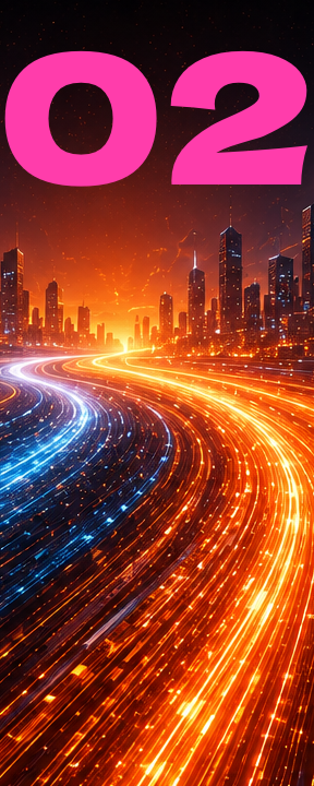 Futuristic city skyline at sunset with streaks of light from moving vehicles in the foreground and the number 02 in bold pink text above.