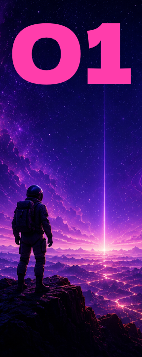 An astronaut standing on rocky terrain looking at a cosmic purple and pink galaxy with a bright vertical light beam and large pink number '01' in the sky.