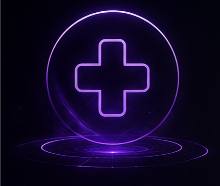 A glowing purple medical cross inside a circle on a dark background.
