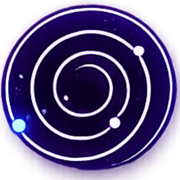 A star chart showing a spiral galaxy with labeled orbit paths and a represented star or planet.
