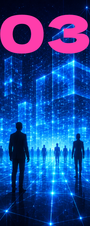 Futuristic digital cityscape with silhouettes of people, bright blue grid lines, and the number 03 in large pink font at the top.