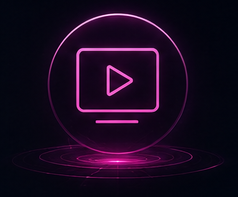Digital neon icon of a computer screen with a play button inside, glowing in purple on a dark background.