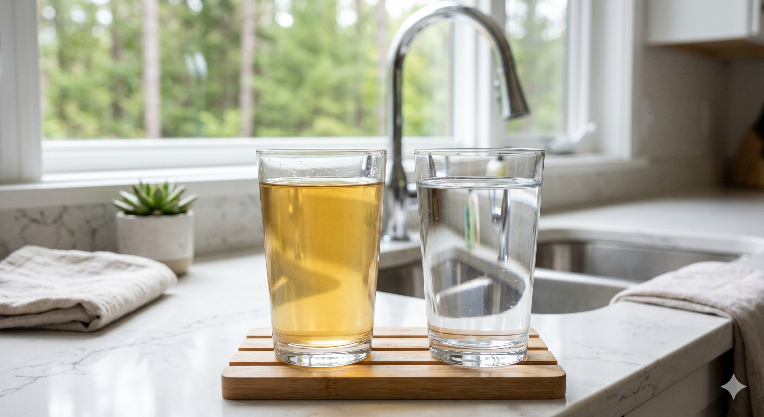 A bar-height glass of tea and a taller glass of water on a wooden tray on a white marble kitchen countertop, with a window and greenery in the background.