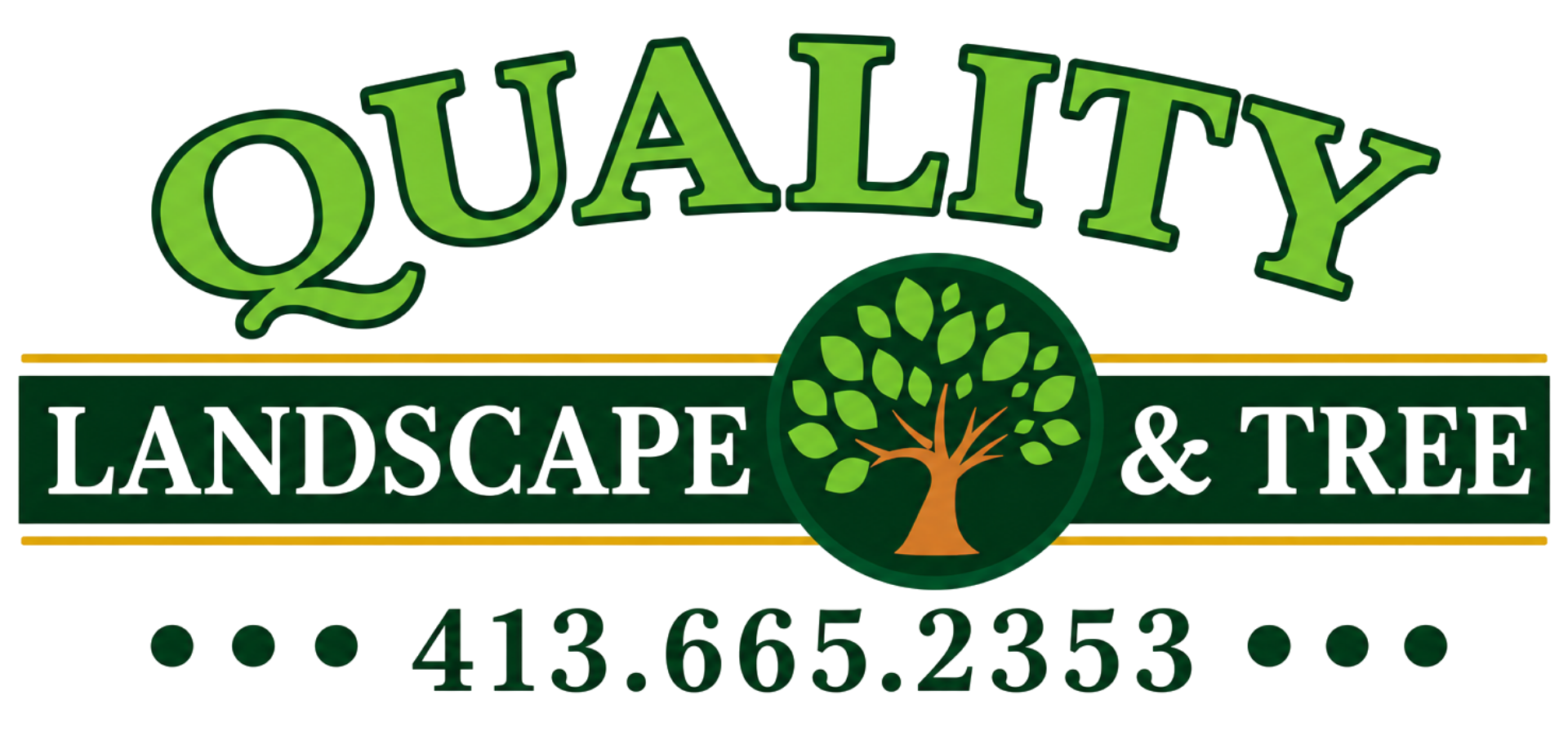 Logo for Quality Landscape & Tree, featuring a green and yellow color scheme, with a stylized tree and contact information.