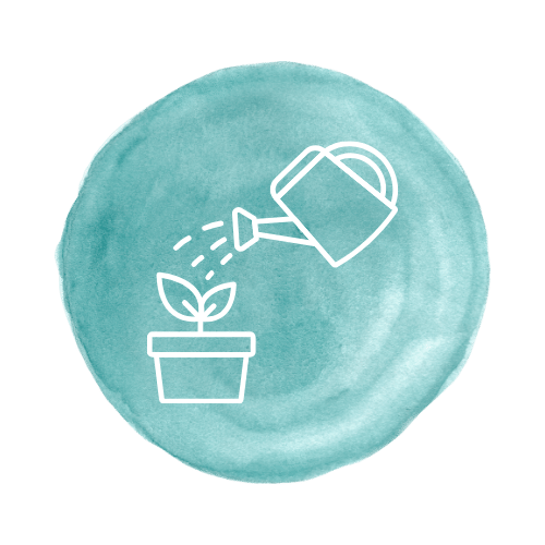 Line drawing of a watering can pouring water onto a small plant in a pot, on a teal circular background.