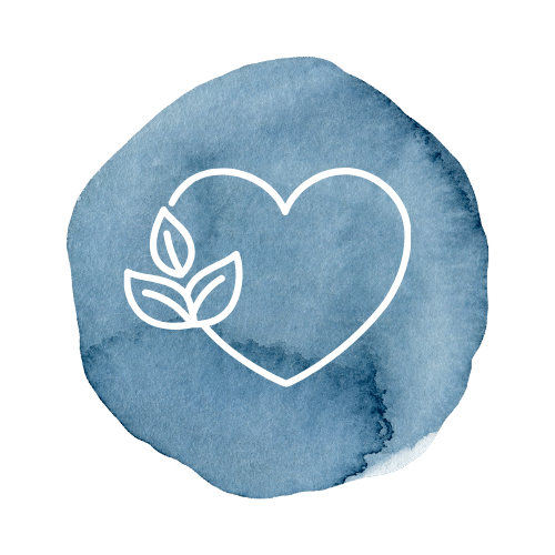 A white outline of a heart with a small branch and leaves inside a watercolor blue circle.