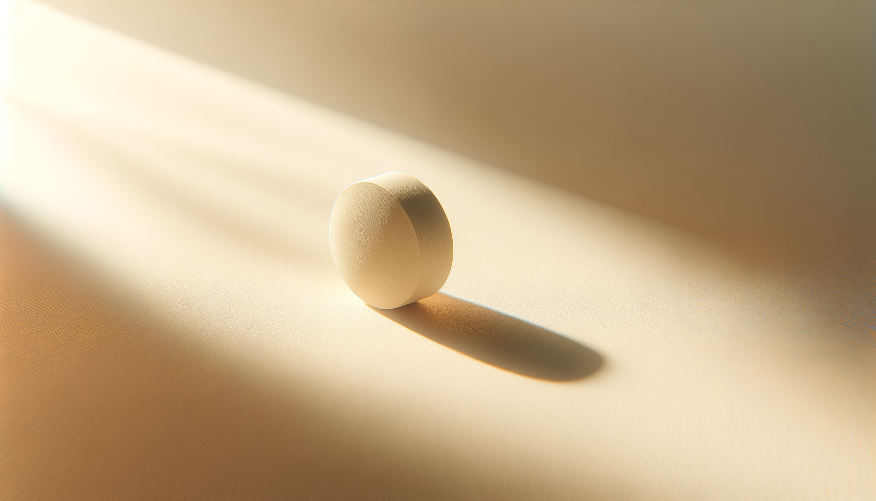 Una pallina bianca su una superficie beige, con un'ombra allungata. La luce proviene da sinistra.