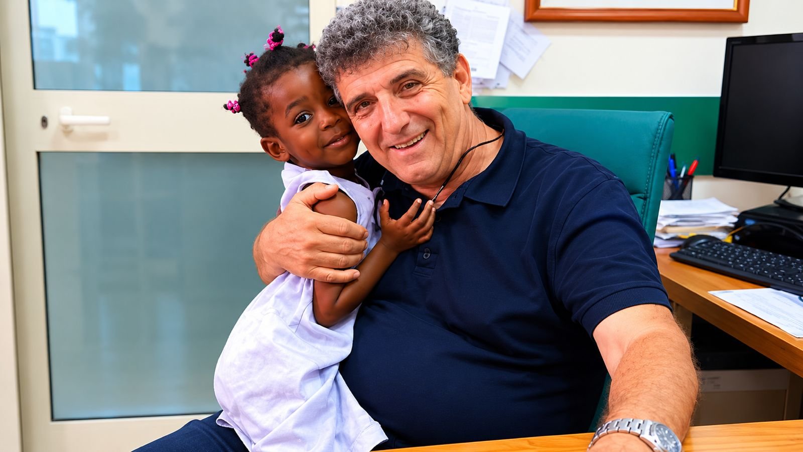 Un adulto e una bambina sorridenti si abbracciano in un ufficio, seduti a una scrivania.