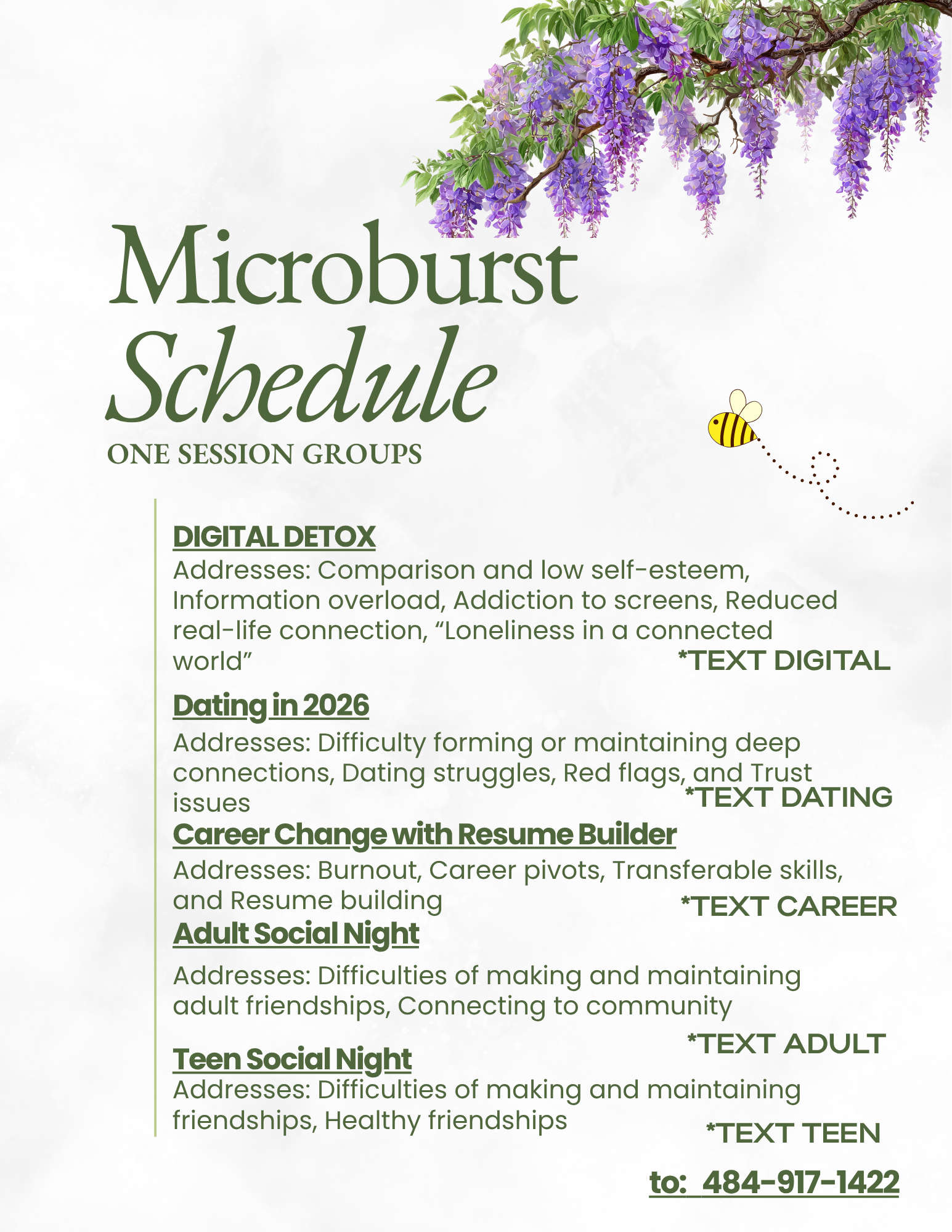 A schedule of one-session groups called Microburst. The groups focus on topics like digital detox, dating, career change, adult social night, teen social night, and adult friendships. The schedule includes addresses and contact information for each group, with some text indicating digital, dating, career, adult, teen, and other themes.