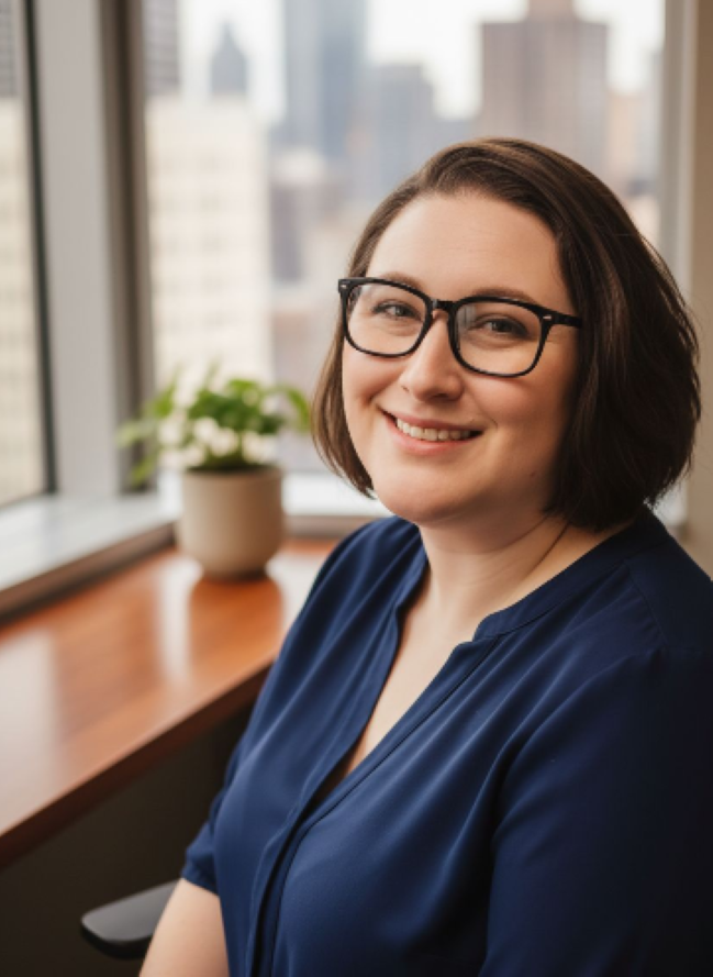 A young woman with shoulder-length brown hair, black glasses, and a blue blouse smiling at the camera, sitting near a window with city buildings and a potted plant in the background.