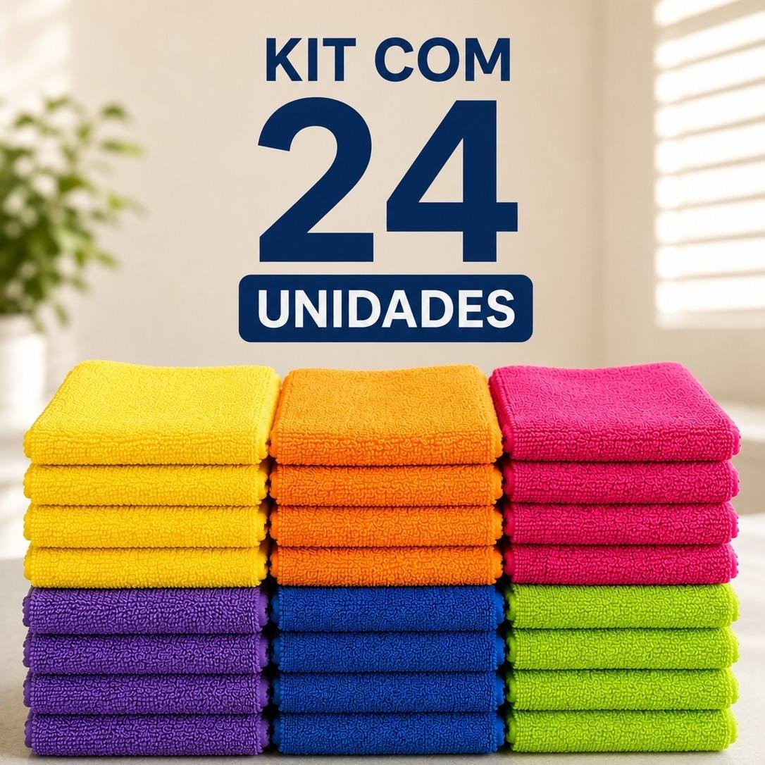 Pano de microfibra.
Composição: 88% Poliester 12% Poliamida. dimensões do protudo: 30*40 cm, 280 GSM.
Kit com 24 unidades nas cores: amarelo, laranja, rosa, roxo, azul e verde. 
Esse produto tem uma incrível absorção. Sugando totalmente a água.
Códig