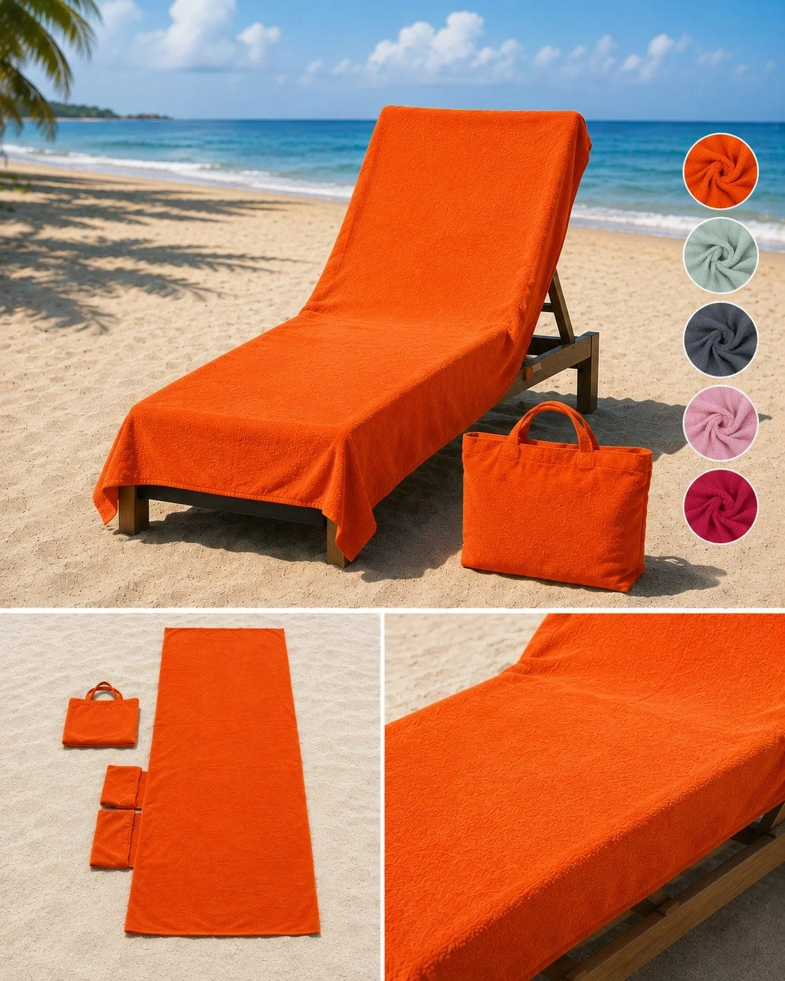 Bolsa de praia com Toalha para cadeira lisa
Composição:100% Poliéster
Dimensões: 75*215CM/250GSM
Código do produto: 25C205002