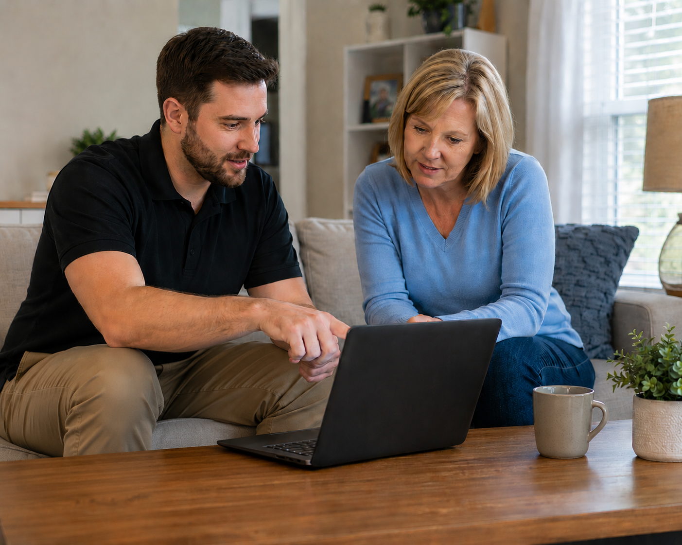 A young man and an older woman sitting on a beige couch looking at a laptop screen together. The young man is pointing at the laptop and seems to be explaining something to the woman. The scene is in a cozy living room with a coffee table, plants, and decorative pillows.