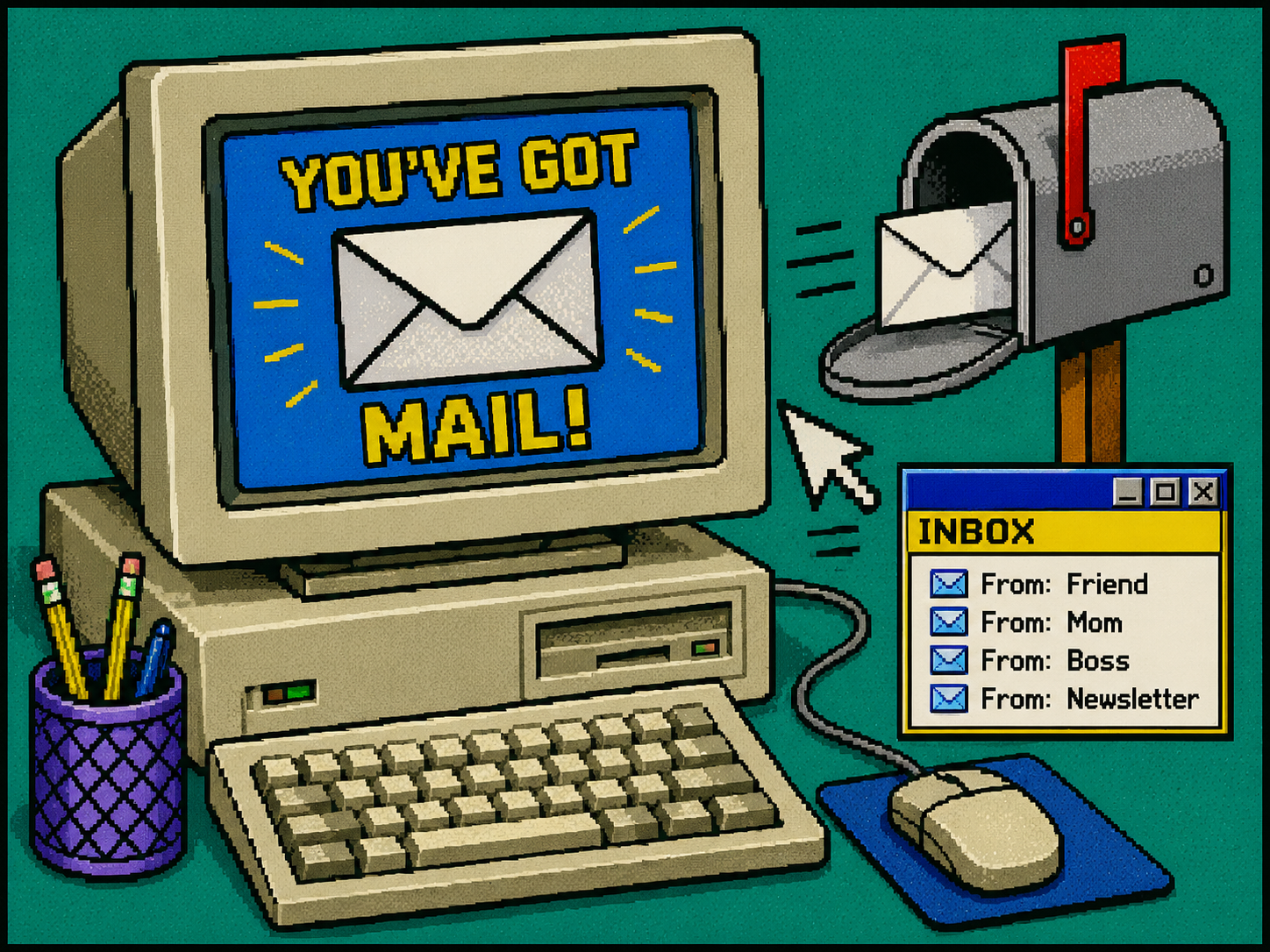 Computer monitor displaying an email notification with the message 'You've Got Mail!' and an envelope icon. To the right, a mailbox with an envelope inside and a red flag. Below the monitor, a computer keyboard and mouse. A blue pencil holder with colored pencils on the left side.