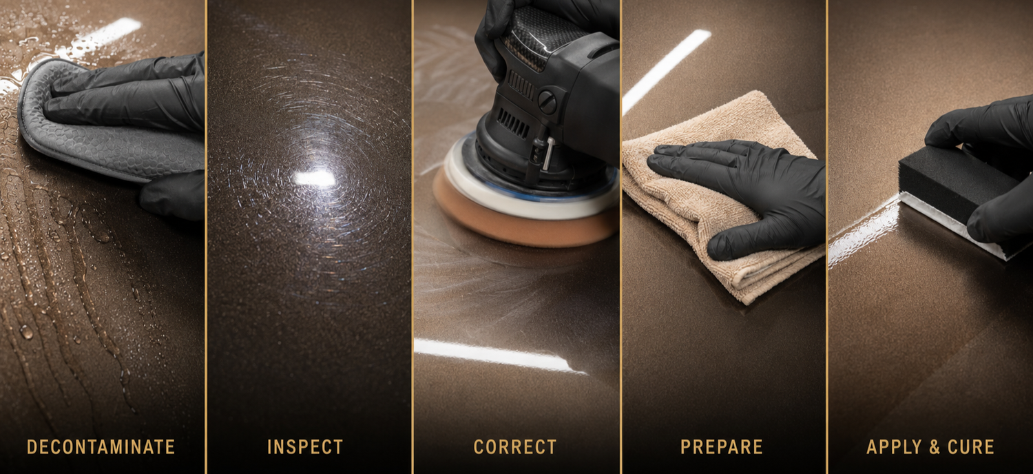 Five-step ceramic-coating preparation process from decontamination through application and curing