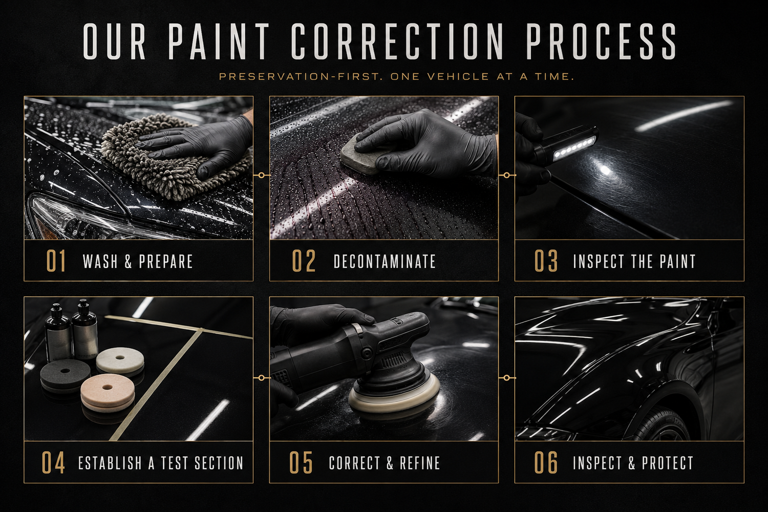 Six-step paint-correction process from washing and decontamination through correction and protection