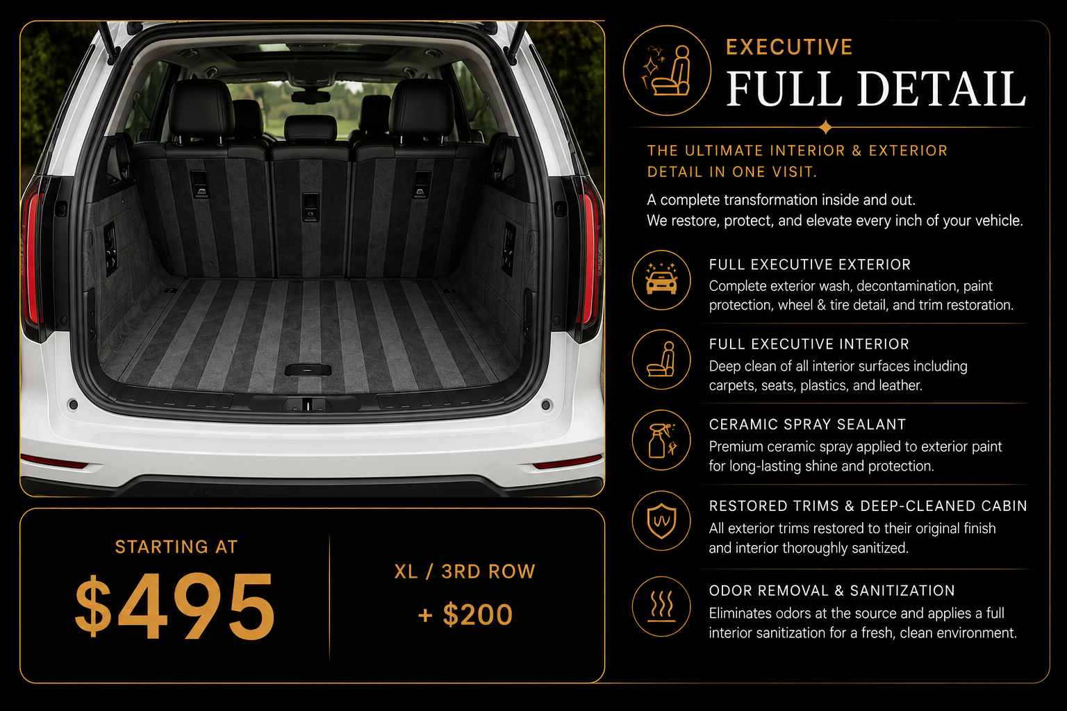 Open car trunk with clean, gray interior, showing black seats and floor. Black signage with orange accents providing detailing services, starting at $495, including exterior wash, interior cleaning, ceramic spray sealant, and trim restoration.