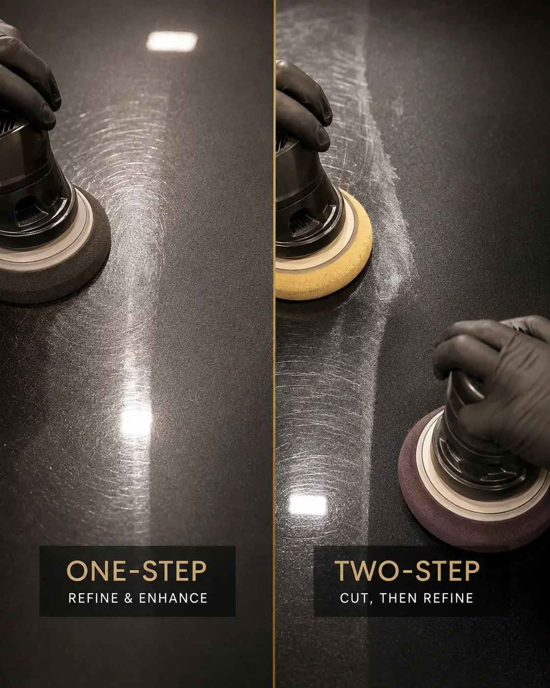 Visual comparison of one-step and two-step paint correction included with ceramic coating packages