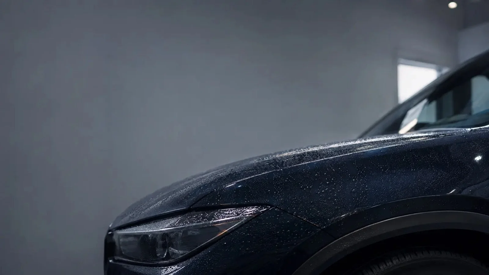 Water beading on a dark vehicle after ceramic coating application.