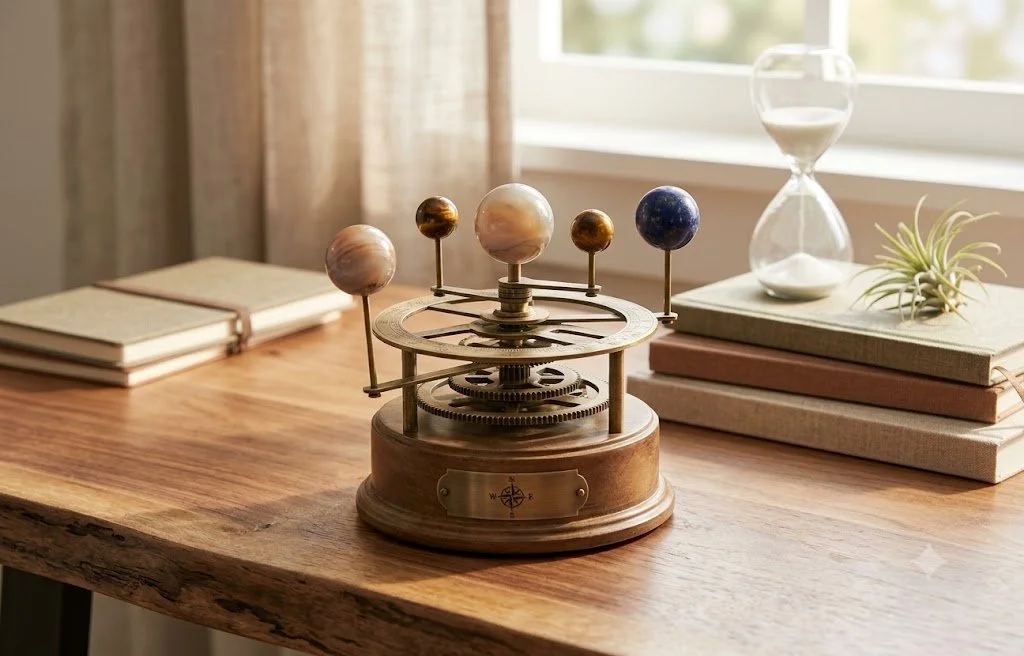 A wooden desk with a vintage planetarium model, stacked notebooks, an hourglass, and a small plant near a window.