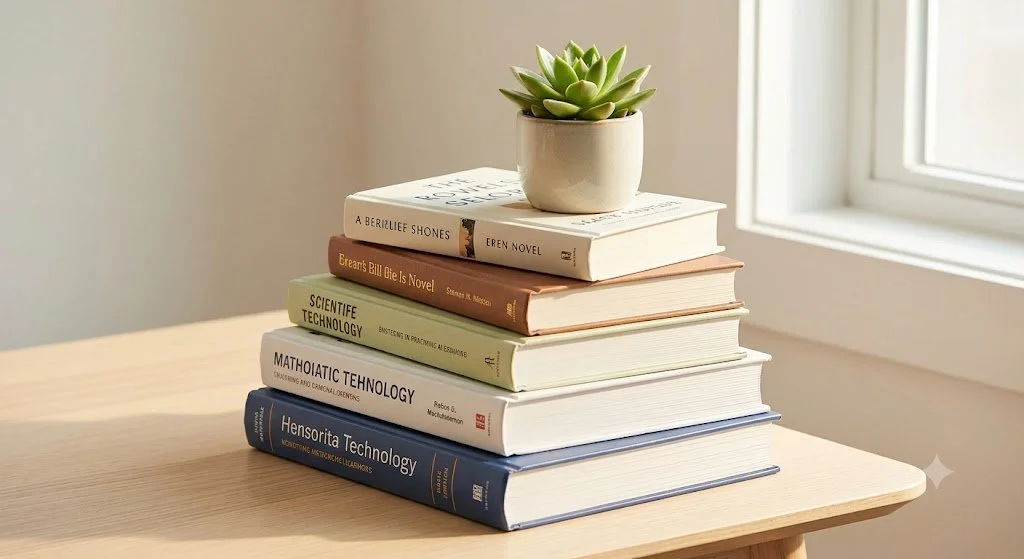 A stack of six open and closed books with a potted succulent on top, placed on a wooden table near a window.