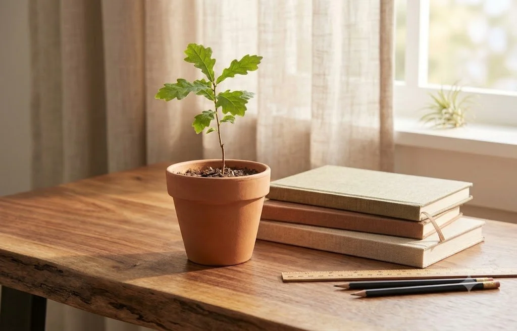 A small potted plant with green leaves, stacked notebooks, a ruler, and three pens on a wooden table near a window with curtains.