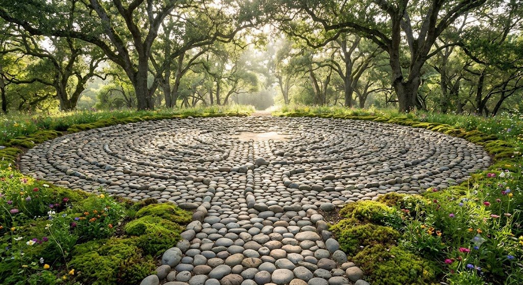 A circular pebble labyrinth in a lush garden surrounded by colorful flowers and green moss, with tall trees and sunlight in the background.