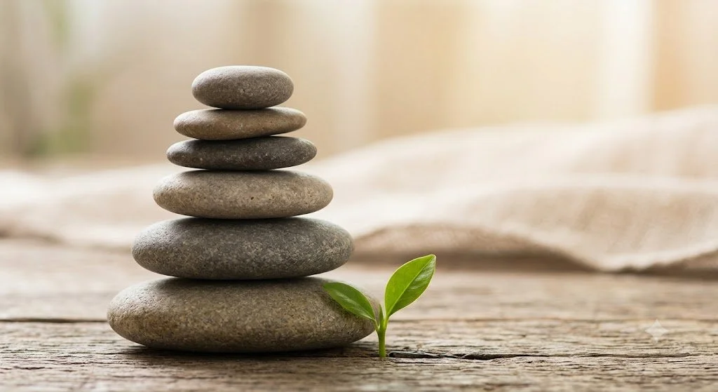 Pile of seven smooth gray stones stacked in decreasing size on a wooden surface with a small green plant at the base, blurred background.