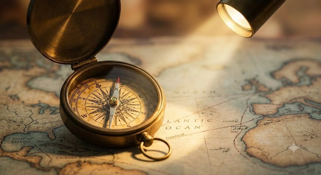 A brass compass with a red needle pointing north on a vintage map of the Atlantic Ocean, illuminated by a flashlight.