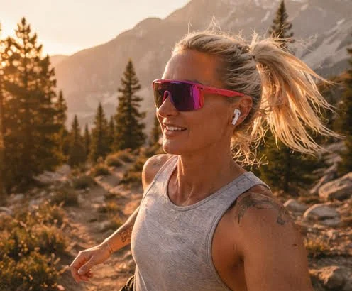 A woman running outdoors in a mountainous forest area during sunset, wearing sunglasses, earphones, and a sleeveless top.